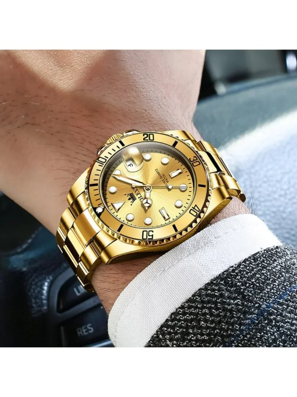 Men's Gold Luxury Stainless Steel Waterproof Quartz Big Face Fashion Wrist Watch
